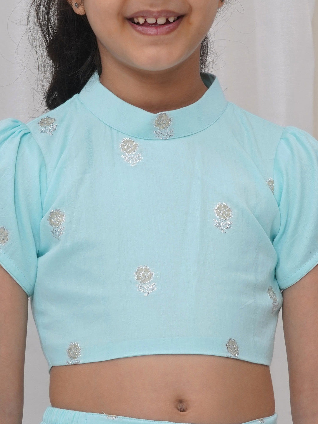 Girls Cotton Puff Sleeves Rose Embroidery Ready to wear Blouse with Ready to wear Chanderi Saree - Sky Blue | SHOBITAM