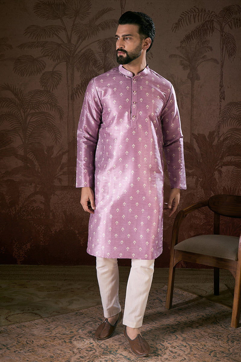 Lavender Silk Blend Floral Printed Straight Kurta With Trouser | SHOBITAM