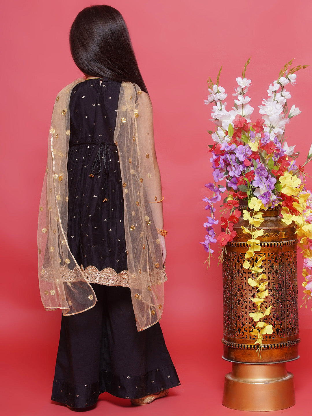 Chanderi Cotton Sleeveless Zari Boota & Lace Embellished Kurta Frock with Plazzo and Dupatta - Black | SHOBITAM