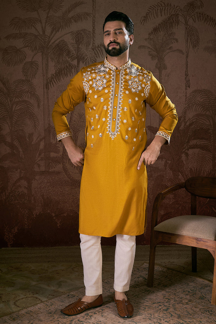 Mustard Silk Blend Solid Embroidered Straight Kurta | SHOBITAM