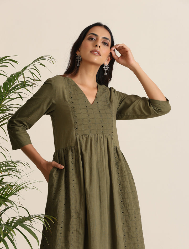 Olive Cotton Cutwork Embroidered Kurta Set  | SHOBITAM