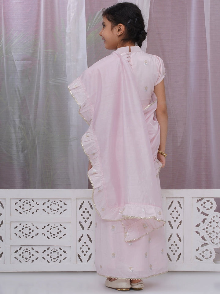 Girls Cotton Puff Sleeves Rose Embroidery Ready to wear Blouse with Ready to wear Chanderi Ruffle Saree - Pink | SHOBITAM