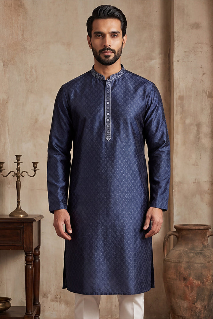 Mens Blue Jacquard Woven Design Straight Kurta With Trouser | SHOBITAM