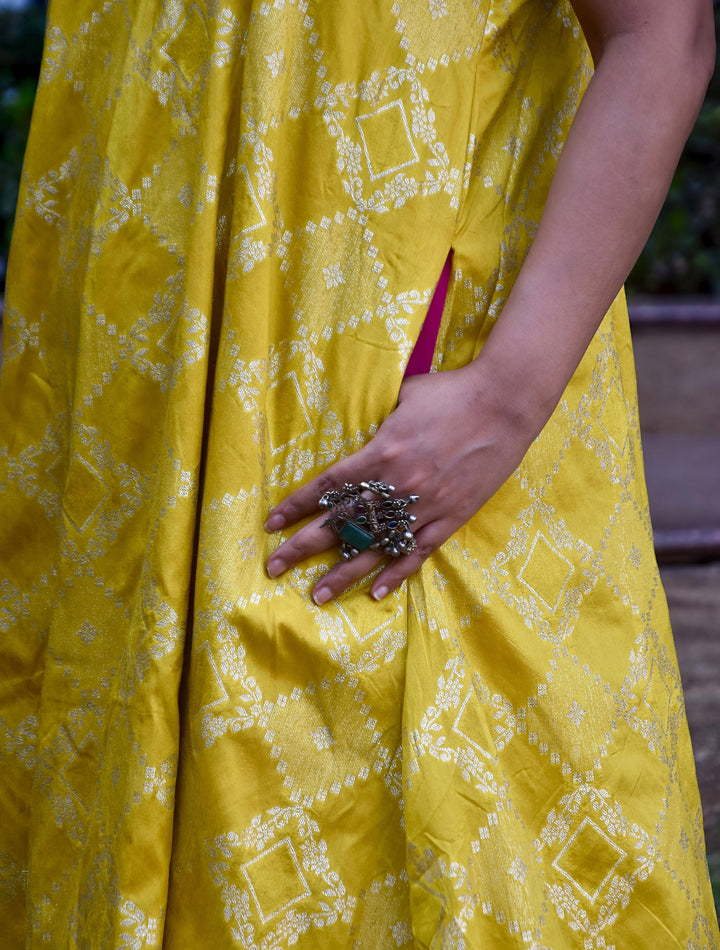 Lime Brocade Flared Kurta Set |  SHOBITAM