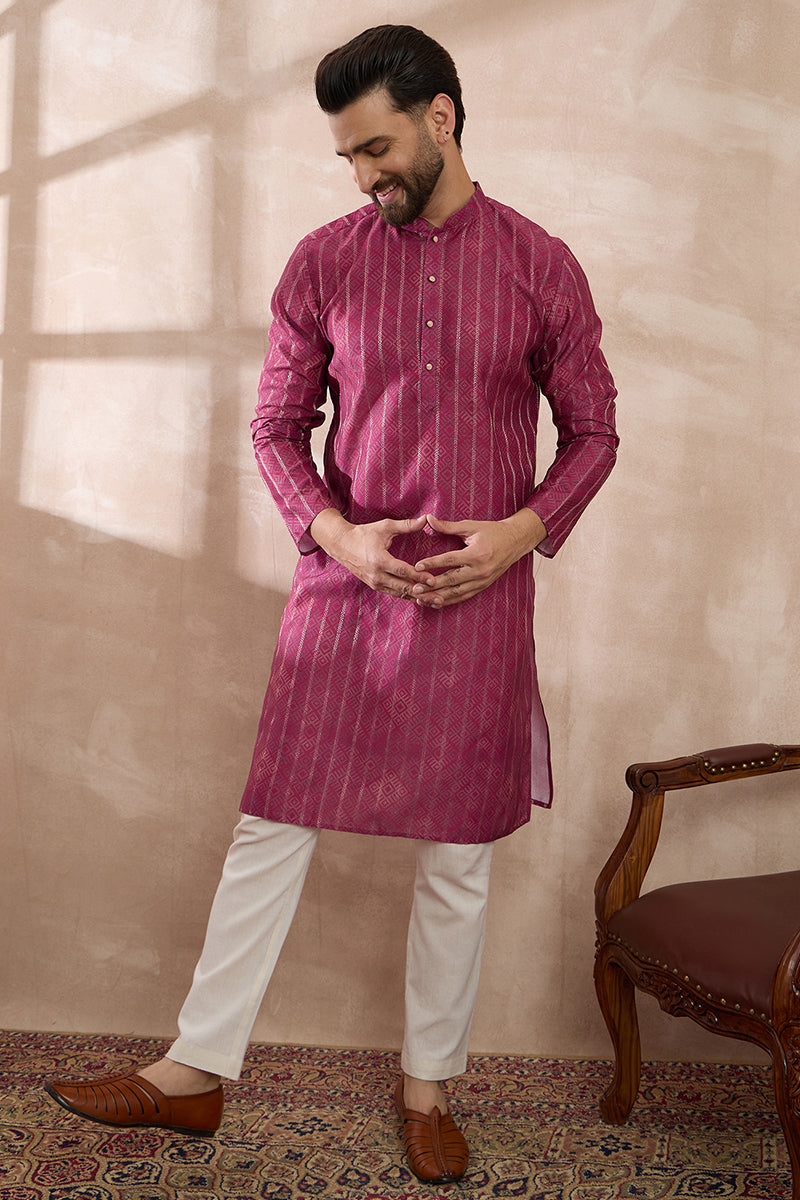 Pink Silk Blend Printed Mandarin Collar Straight Kurta | SHOBITAM