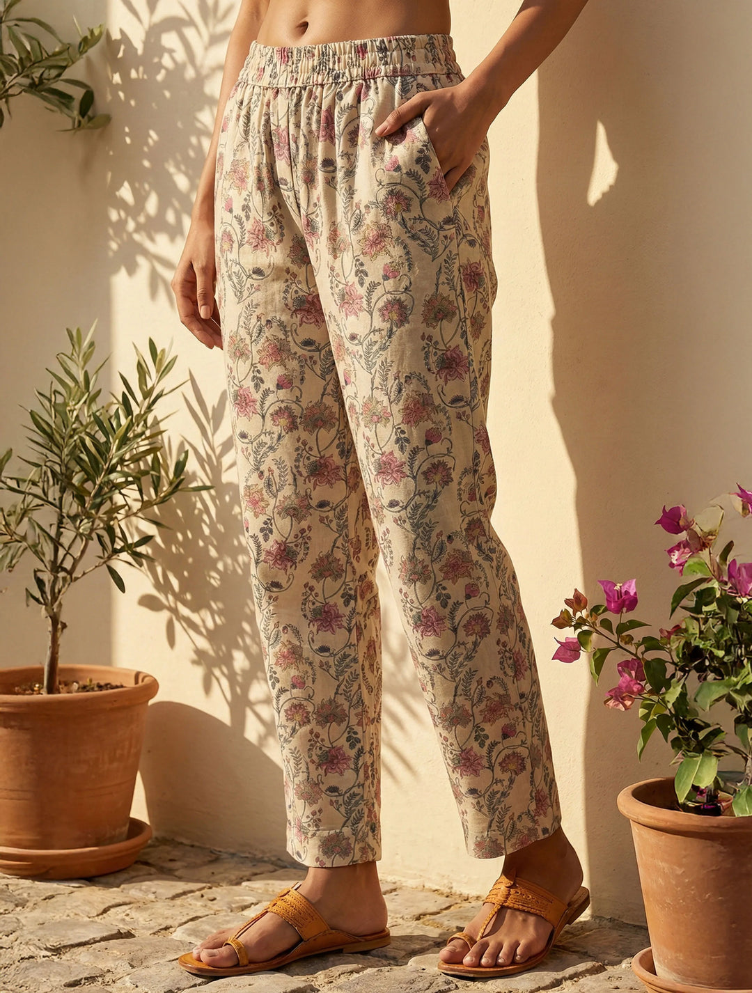 Ivory Floral Boota Print V-Neck Kurta Pant Set  | SHOBITAM