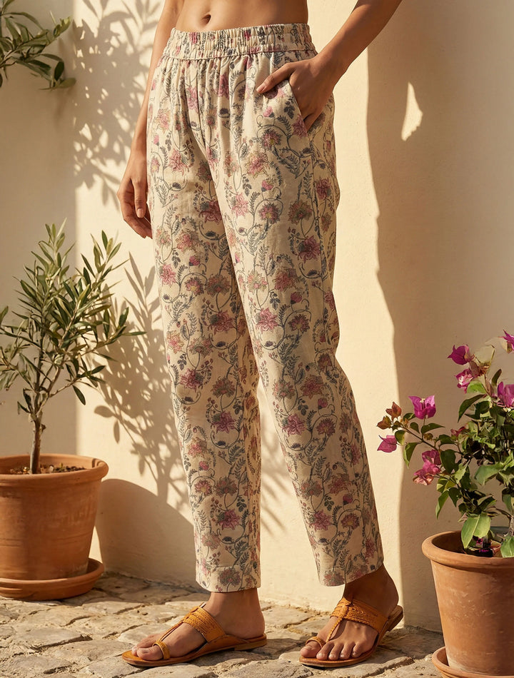 Ivory Floral Boota Print V-Neck Kurta Pant Set  | SHOBITAM