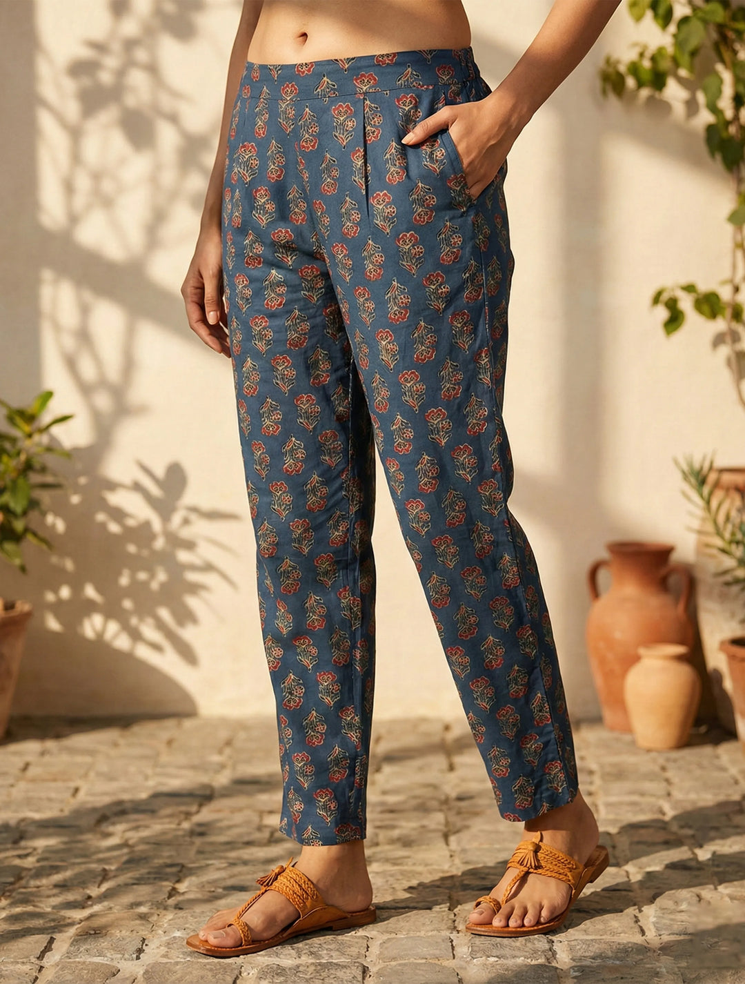Blue Boota Print Angrakha Kurta Pant Dupatta Set | SHOBITAM