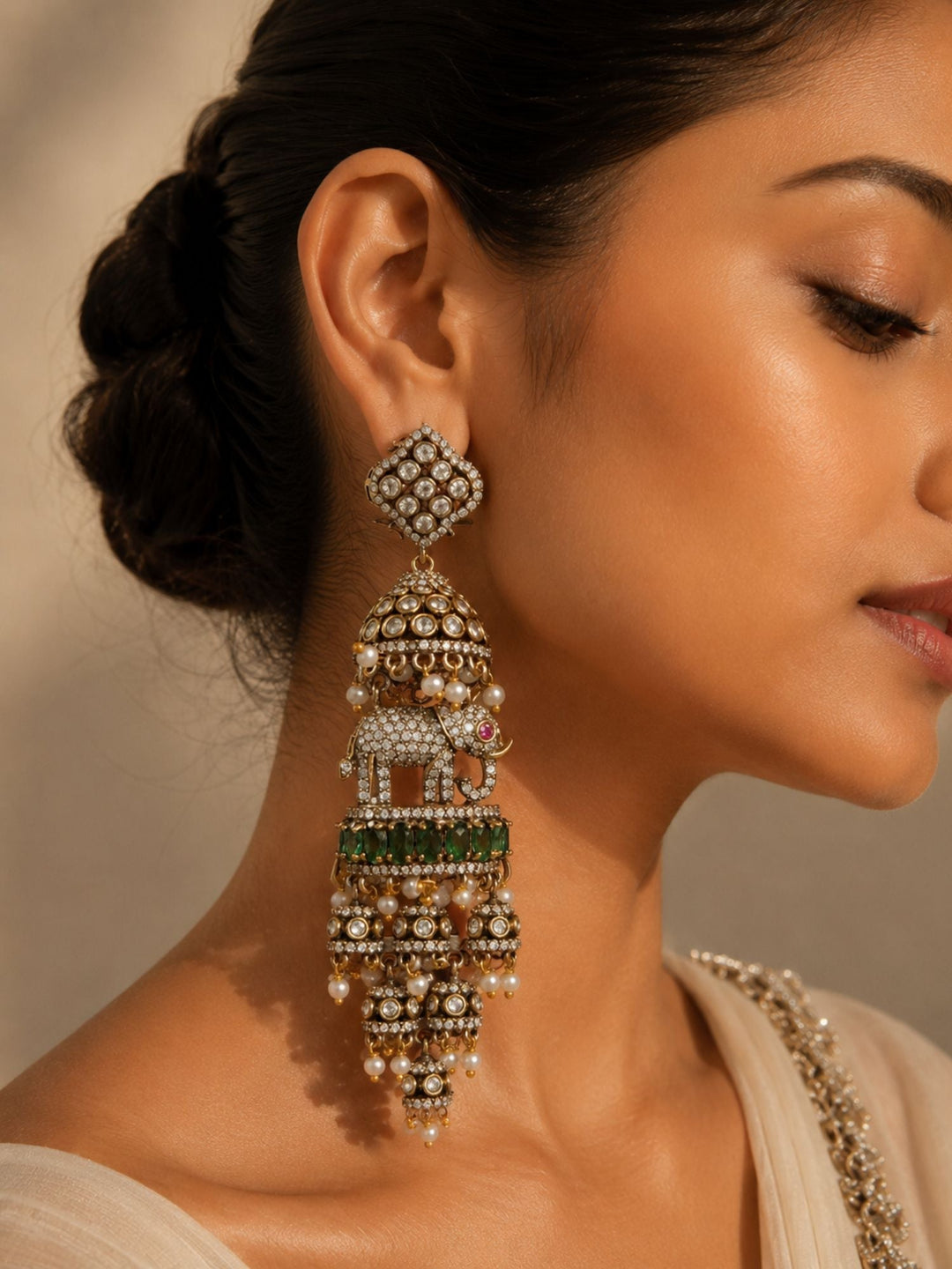 Elephant Pearl Green Jhumka Earrings | SHOBITAM