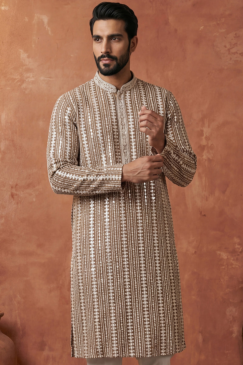 Brown Rayon Blend Embroidered Straight Kurta | SHOBITAM