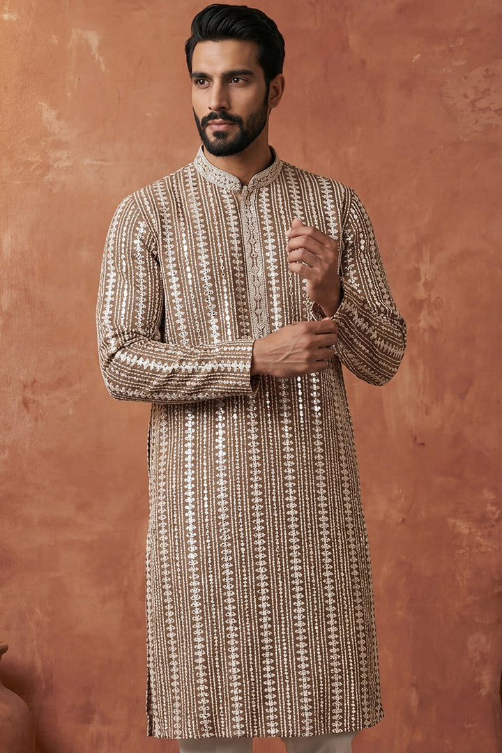 Brown Rayon Blend Embroidered Straight Kurta | SHOBITAM