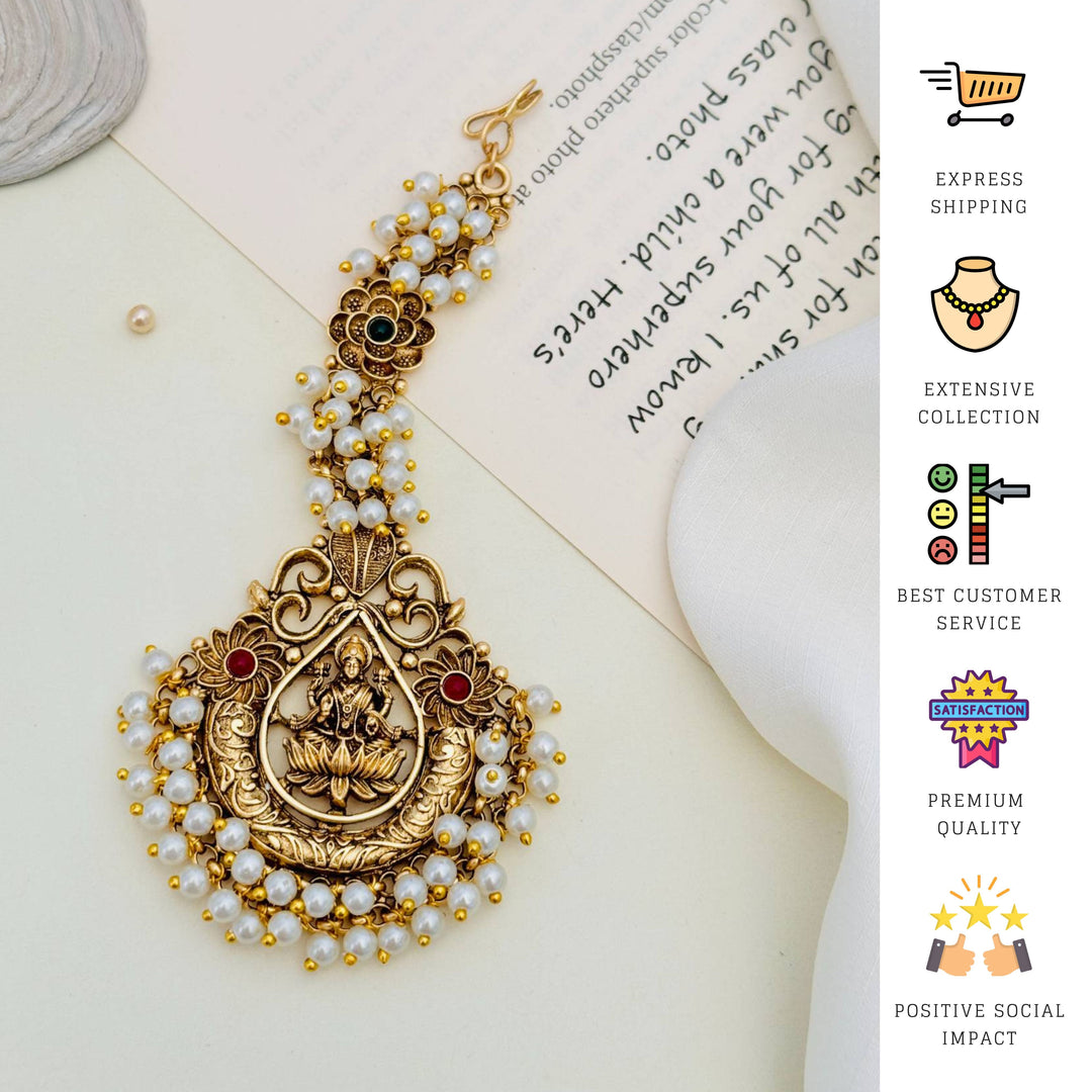 South Indian Temple Jewellery Maang Tikka with Pearl Detailing | SHOBITAM