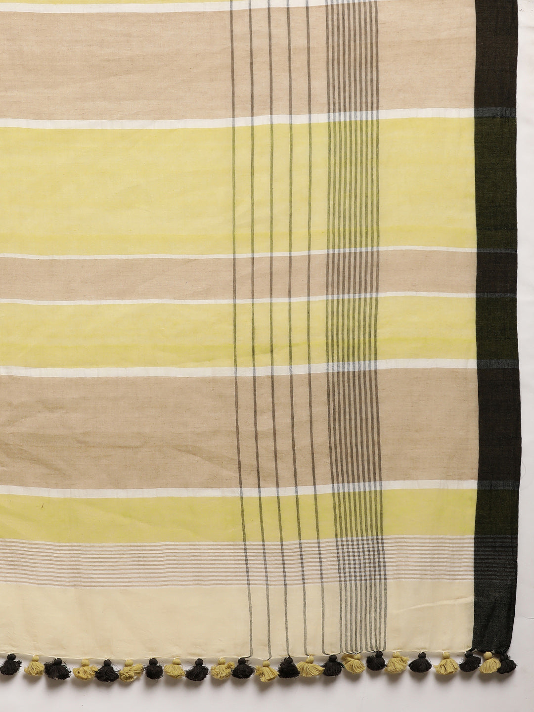 Yellow Cream Colour Block Cotton Saree with pompoms