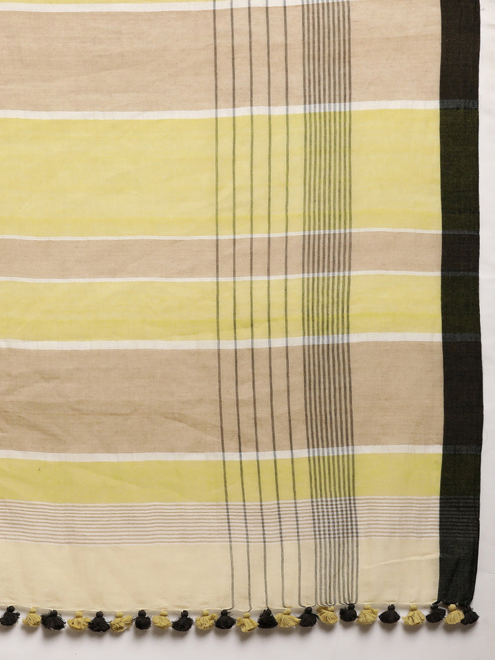 Yellow Cream Colour Block Cotton Saree with pompoms