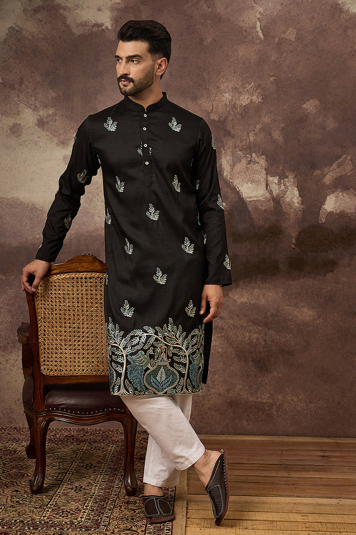 Black Silk Blend Solid Embroidered Straight Kurta with Trouser  | SHOBITAM