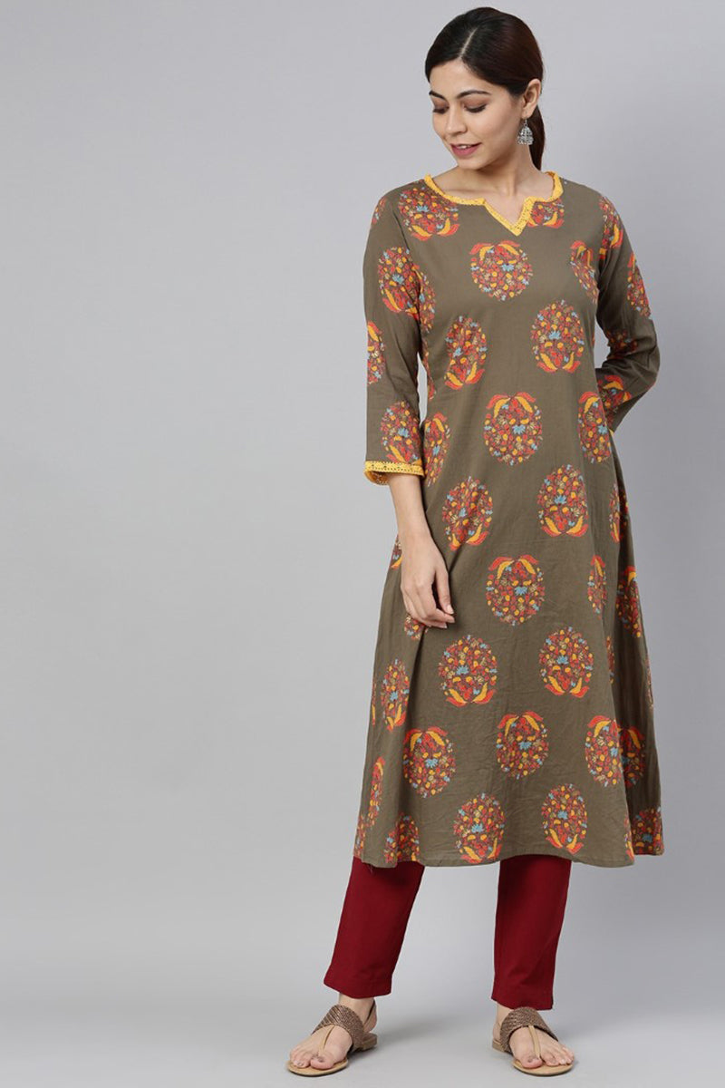 Taupe Cotton A-Line Kurta | SHOBITAM