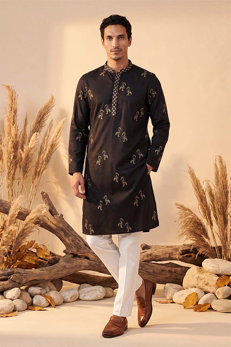 Mens Black Silk Blend Solid Embroidered Kurta With Trousers | SHOBITAM
