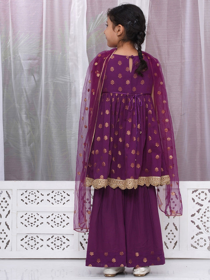 Girls Cotton Sleeveless Frock Style Kurta with Sharara and Dupatta with Golden Floral Zari Work - Purple| SHOBITAM