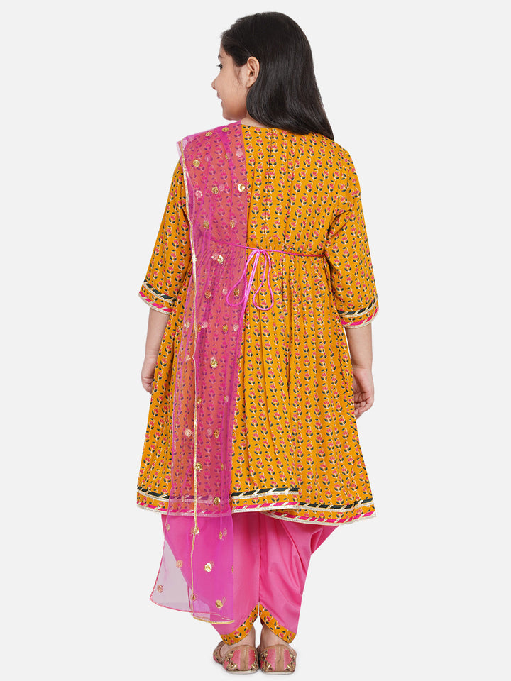 Girls Jaipuri Print Kurta Frock with Salwar in Yellow & Pink