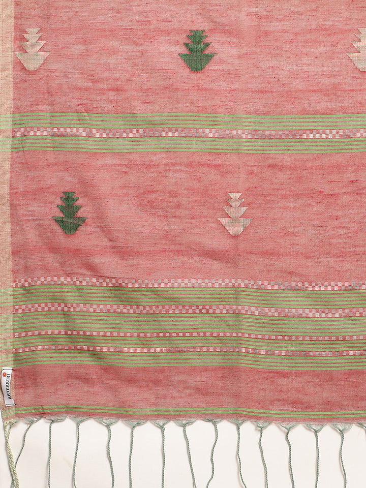 Pink Green Jamdani Cotton Saree | SHOBITAM