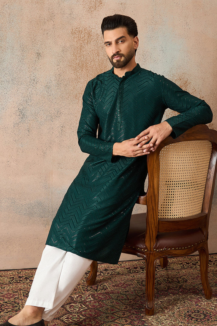 Green Rayon Embroidered Straight Kurta | SHOBITAM