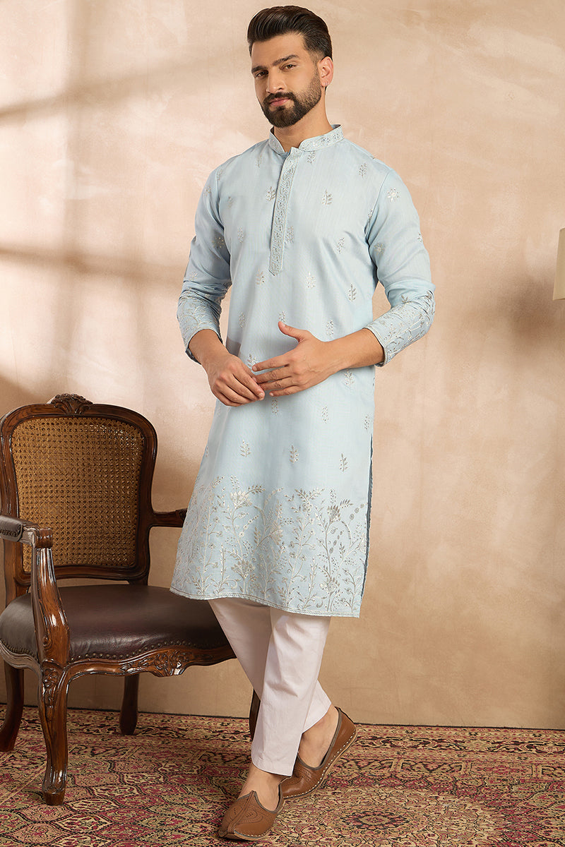 Blue Silk Blend Solid Embroidered Straight Kurta With Trouser For Men | SHOBITAM