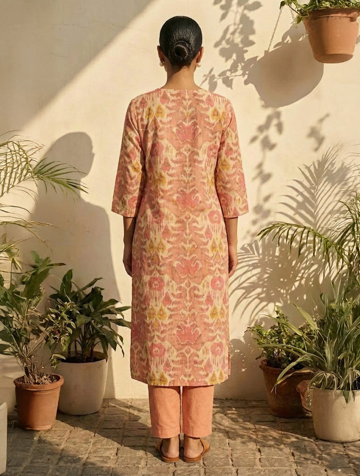 Peach Ikat Print Embroidered Kurta Pant Dupatta Set | SHOBITAM