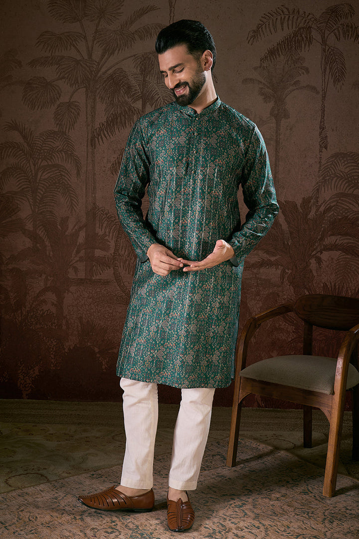 Sea Green Silk Blend Ethnic Motifs Printed Straight Kurta With Trouser | SHOBITAM