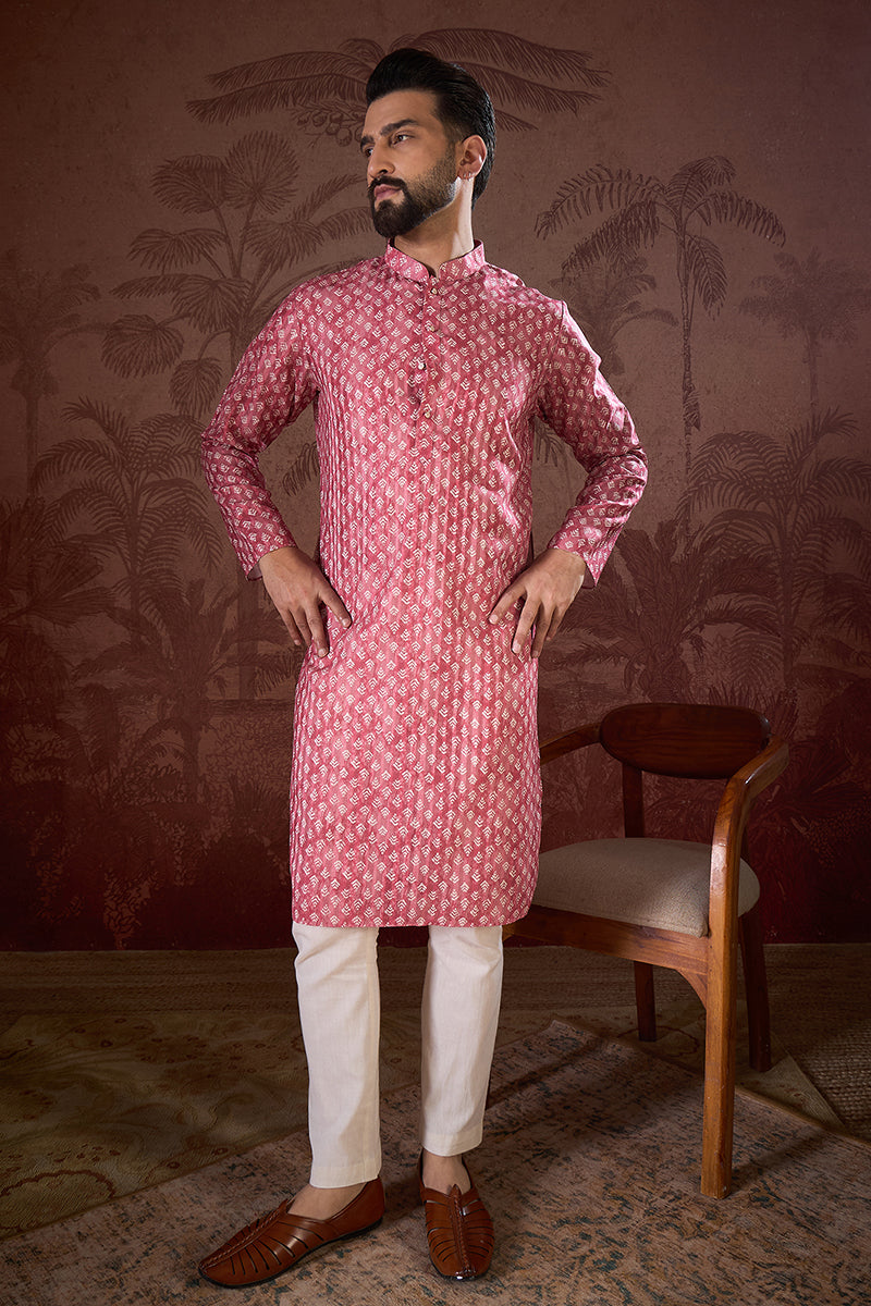 Pink Silk Blend Ethnic Motifs Printed Straight Kurta For Men | SHOBITAM