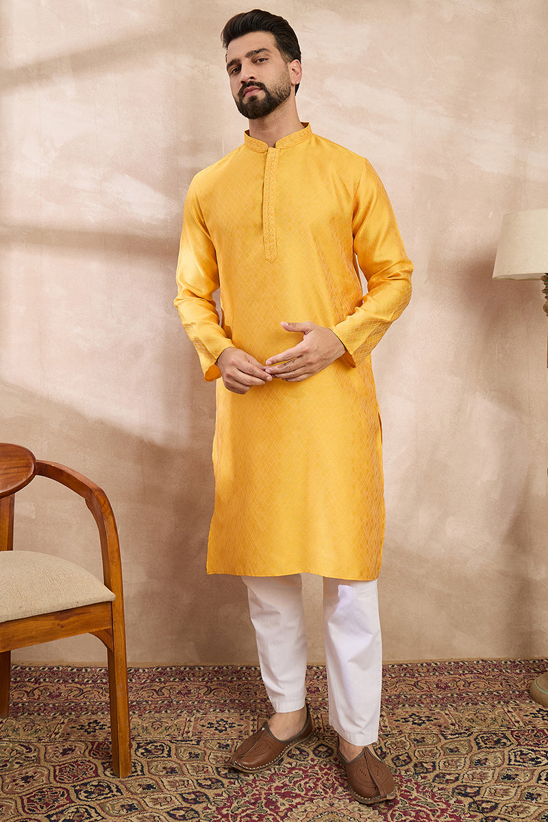 Yellow Silk Blend Solid Embroidered Straight Kurta With Trouser | SHOBITAM