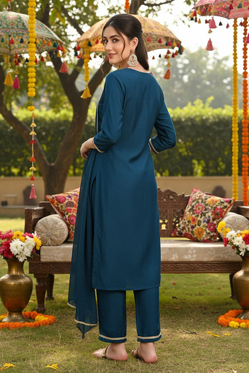 Silk Blend Teal Embroidered Straight Kurta Pant With Dupatta  | SHOBITAM