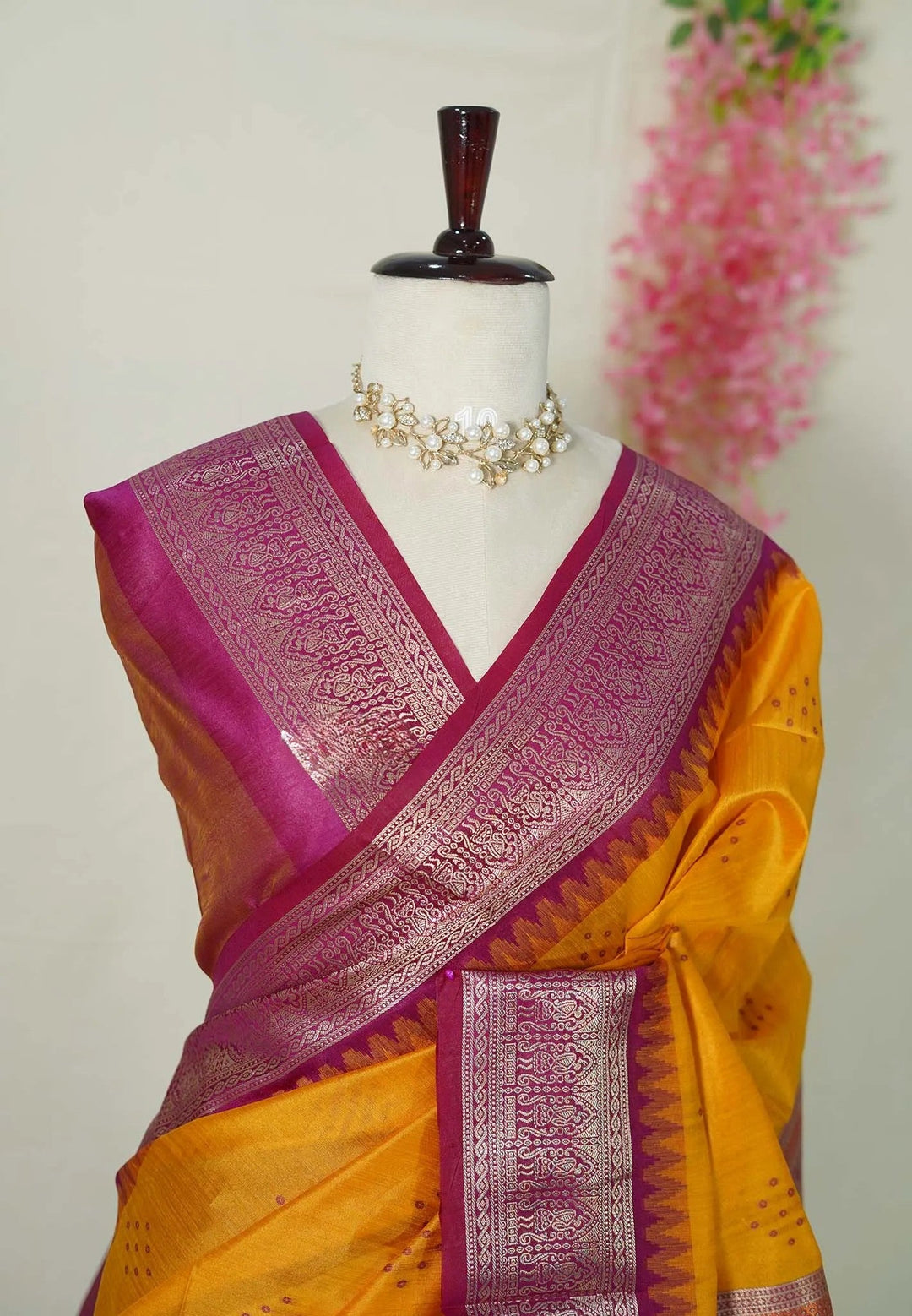 Turmeric Yellow And Pink Semi Silk Saree with Zari detailing | SHOBITAM