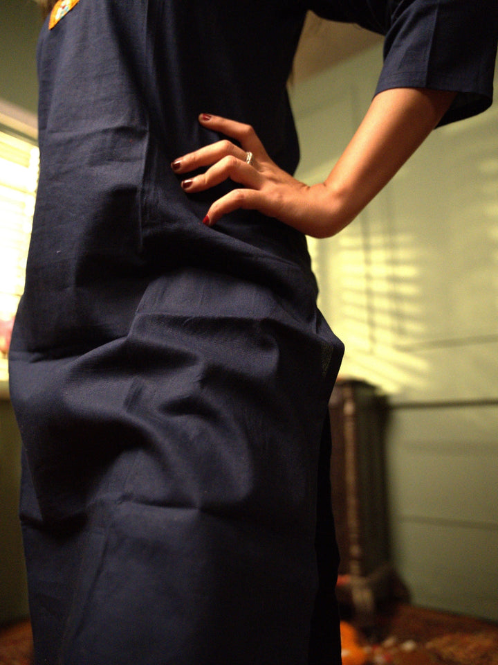 Dark Blue Kantha Cotton Kurta | SHOBITAM