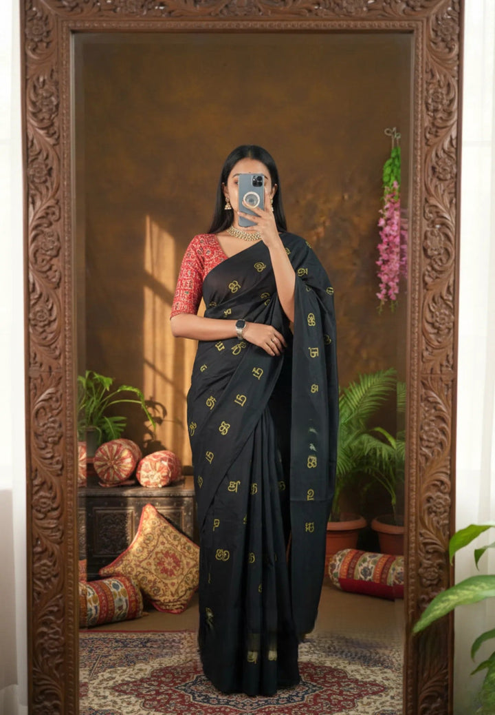 Preorder: Black Saree with  Tamizh Letters Handblock Printed on Bamboo Cotton  | SHOBITAM