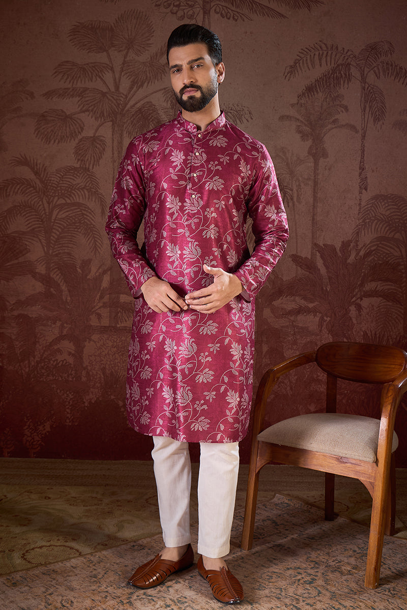 Red Silk Blend Floral Printed Straight Kurta With Trouser | SHOBITAM