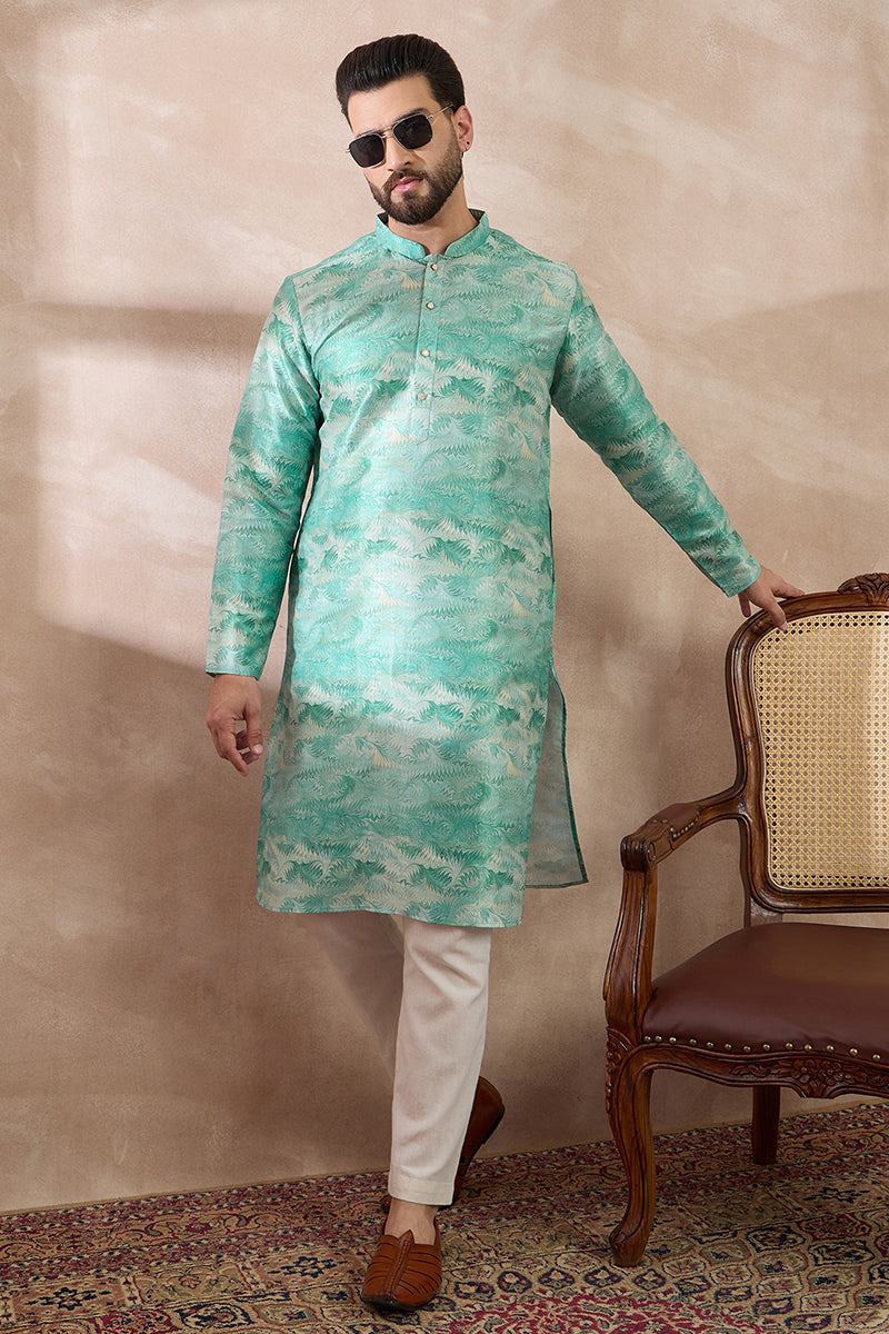 Green Silk Blend Printed Mandarin Collar Straight Kurta With Trouser | SHOBITAM