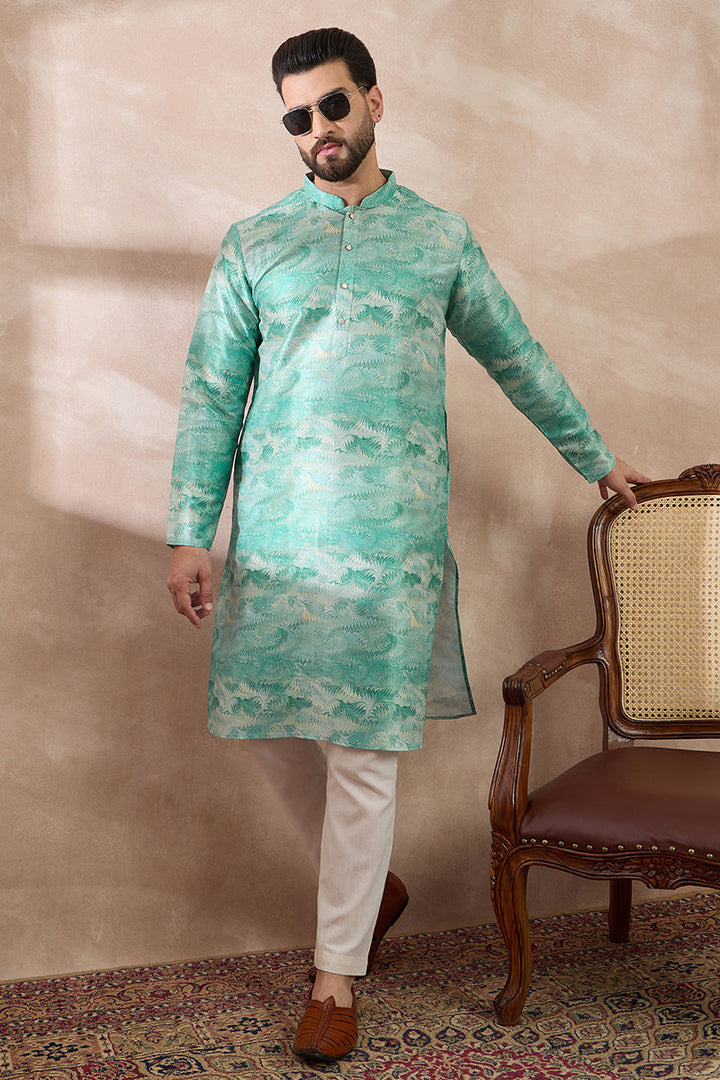 Green Silk Blend Printed Mandarin Collar Straight Kurta With Trouser | SHOBITAM