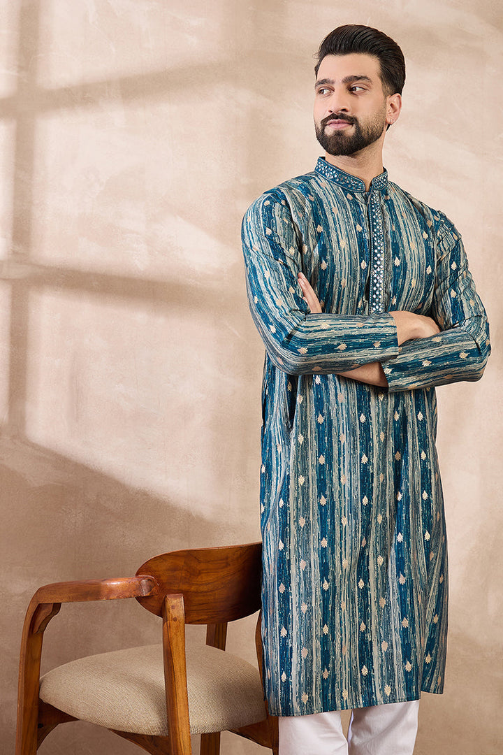 Turquoise Blue Silk Blend Abstract Printed Straight Kurta With Trouser | SHOBITAM