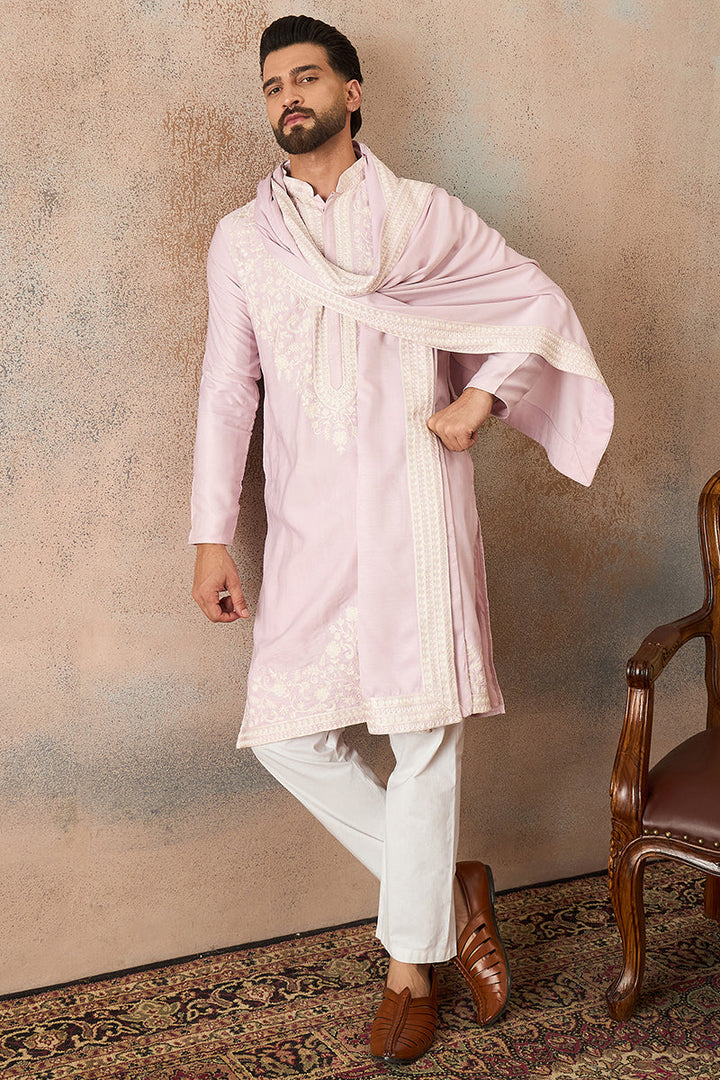 Mens Lavender Silk Blend Solid Embroidered Kurta Trouser With Dupatta  | SHOBITAM