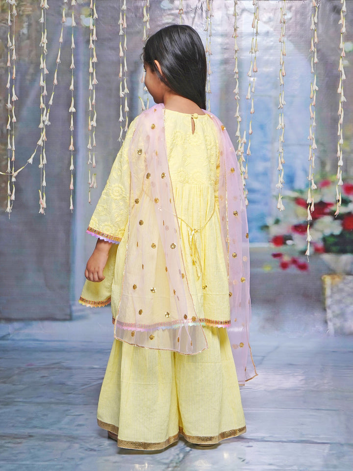 Floral Embroidery Kurta Sharara with Dupatta - Lemon Yellow | SHOBITAM