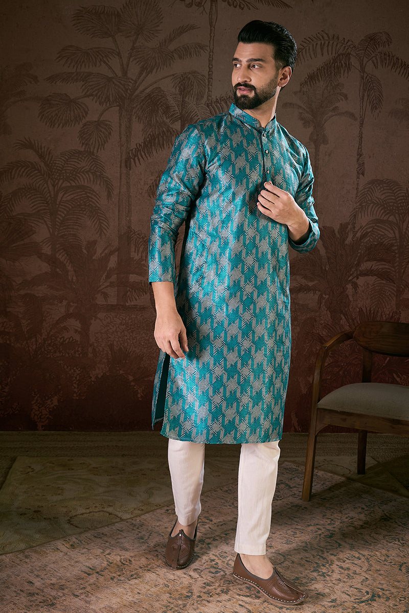 Turquoise Blue Silk Blend Chevron Printed Straight Kurta For Men | SHOBITAM