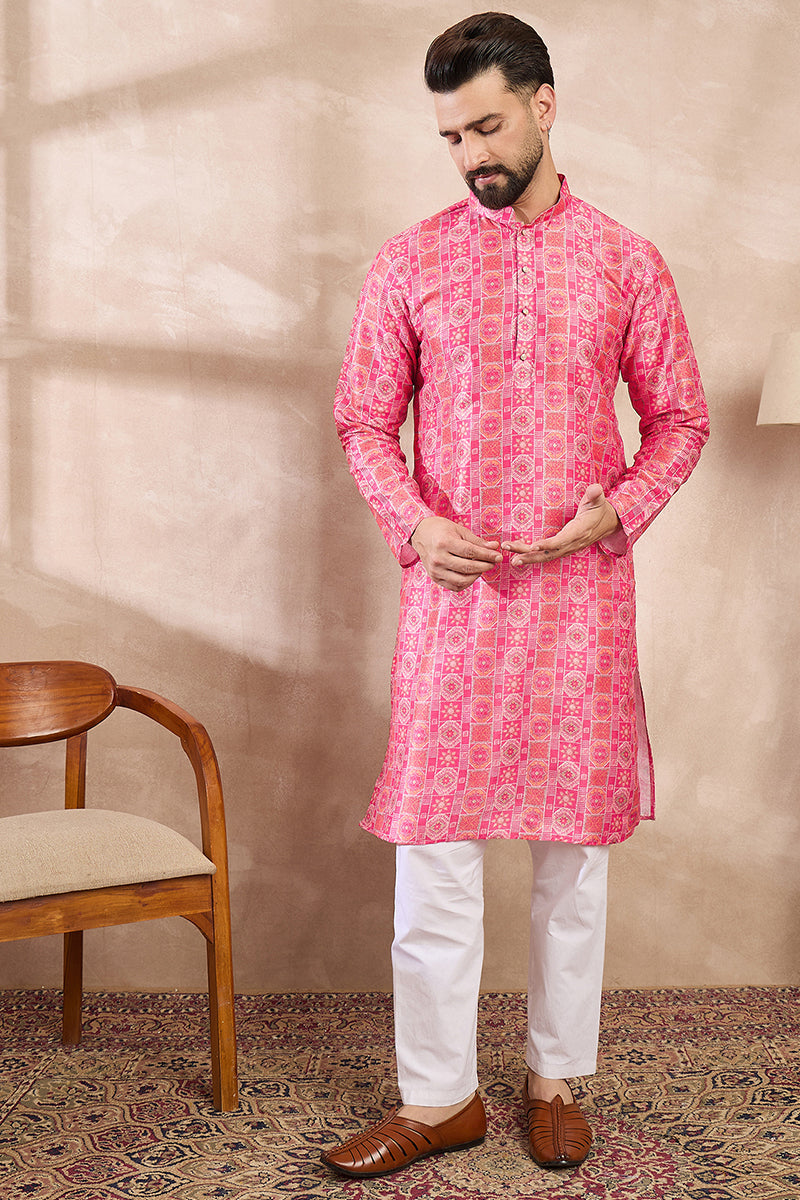 Pink Silk Blend Ethnic Motifs Printed Straight Kurta For Men | SHOBITAM