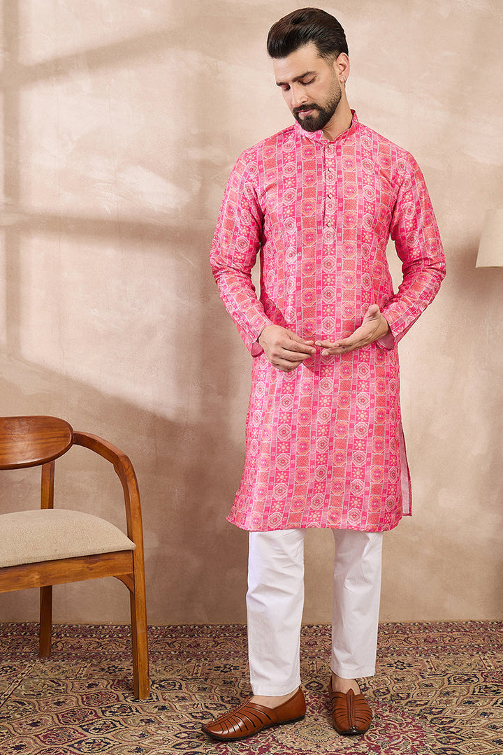 Pink Silk Blend Ethnic Motifs Printed Straight Kurta For Men | SHOBITAM