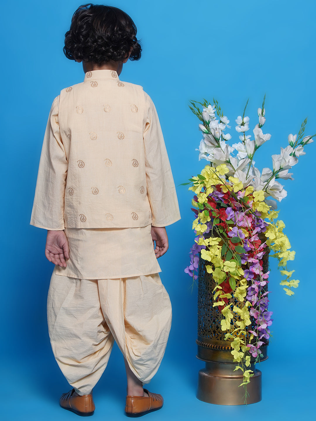 Boys Cotton Sleevelees Golden Ambi Embrodiery Nehru Jacket with Kurta and Dhoti - Seashell Cream | SHOBITAM