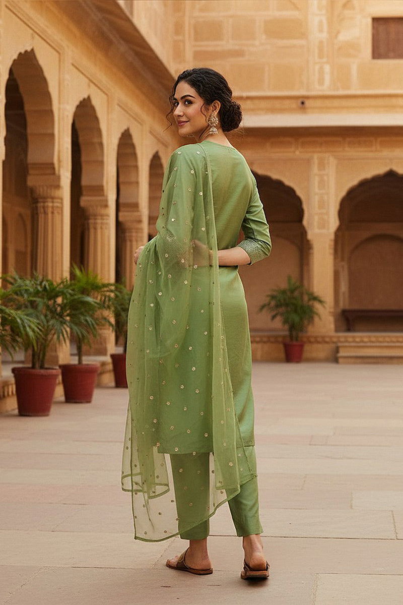 Green Poly Silk Solid Yoke Design Kurta Trousers With Dupatta | SHOBITAM