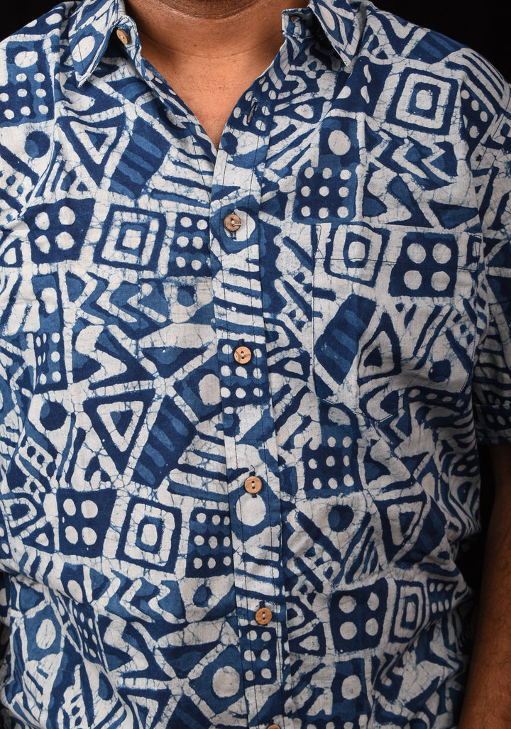 Indigo White Handblock Printed Cotton Mens Shirt Raasleela