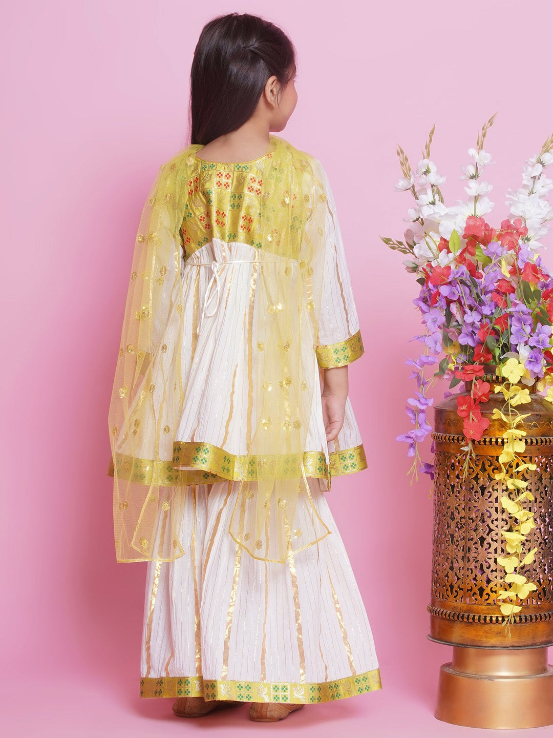Girls Cotton Bird & Floral Anarkali Sharara Set with Dupatta - Cream | SHOBITAM