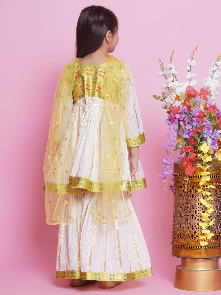 Girls Cotton Bird & Floral Anarkali Sharara Set with Dupatta - Cream | SHOBITAM