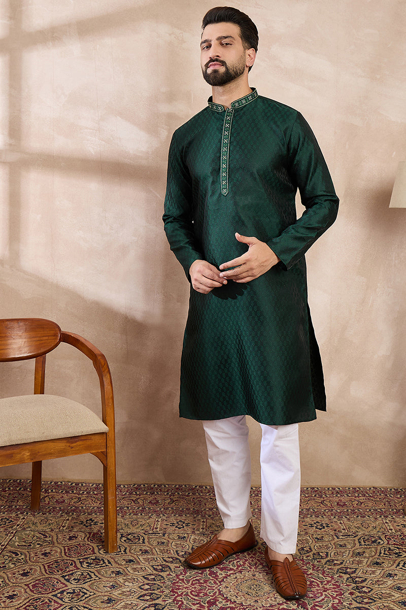 Green Silk Blend Solid Woven Design Straight Kurta For Men | SHOBITAM