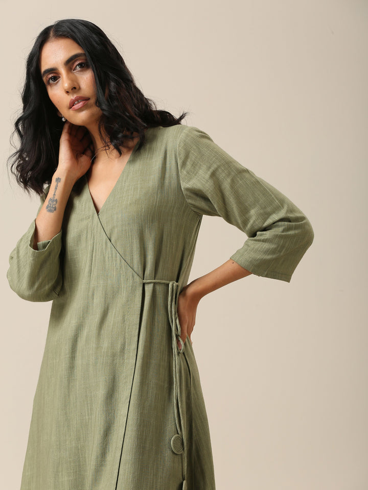 Sage Slub Texture Angrakha Pant Set | SHOBITAM